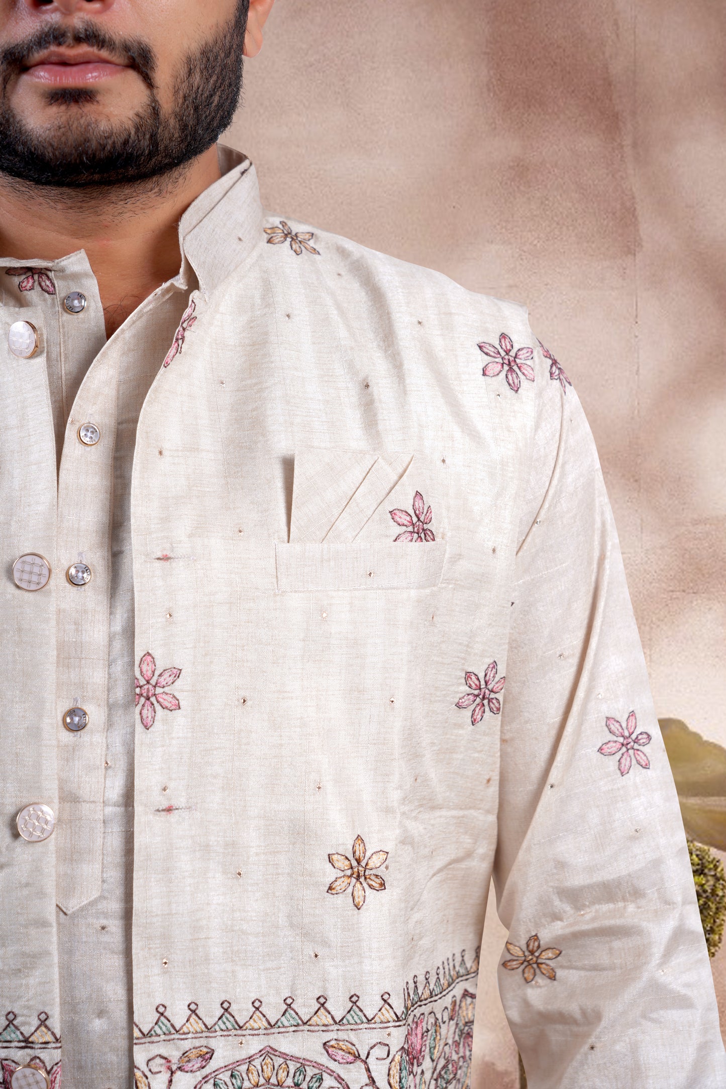 Beige Embroidered Kurta Set with Jacket