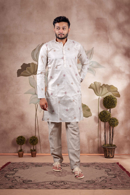 Beige Embroidered Kurta Set with Jacket