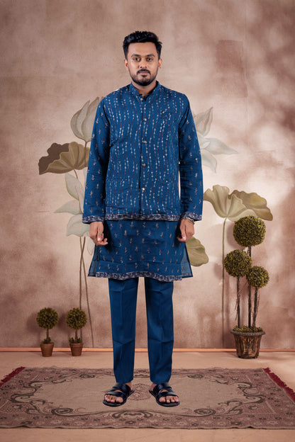 Deep Navy Blue Embroidered Kurta Set with Jacket