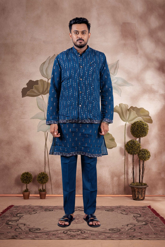 Deep Navy Blue Embroidered Kurta Set with Jacket