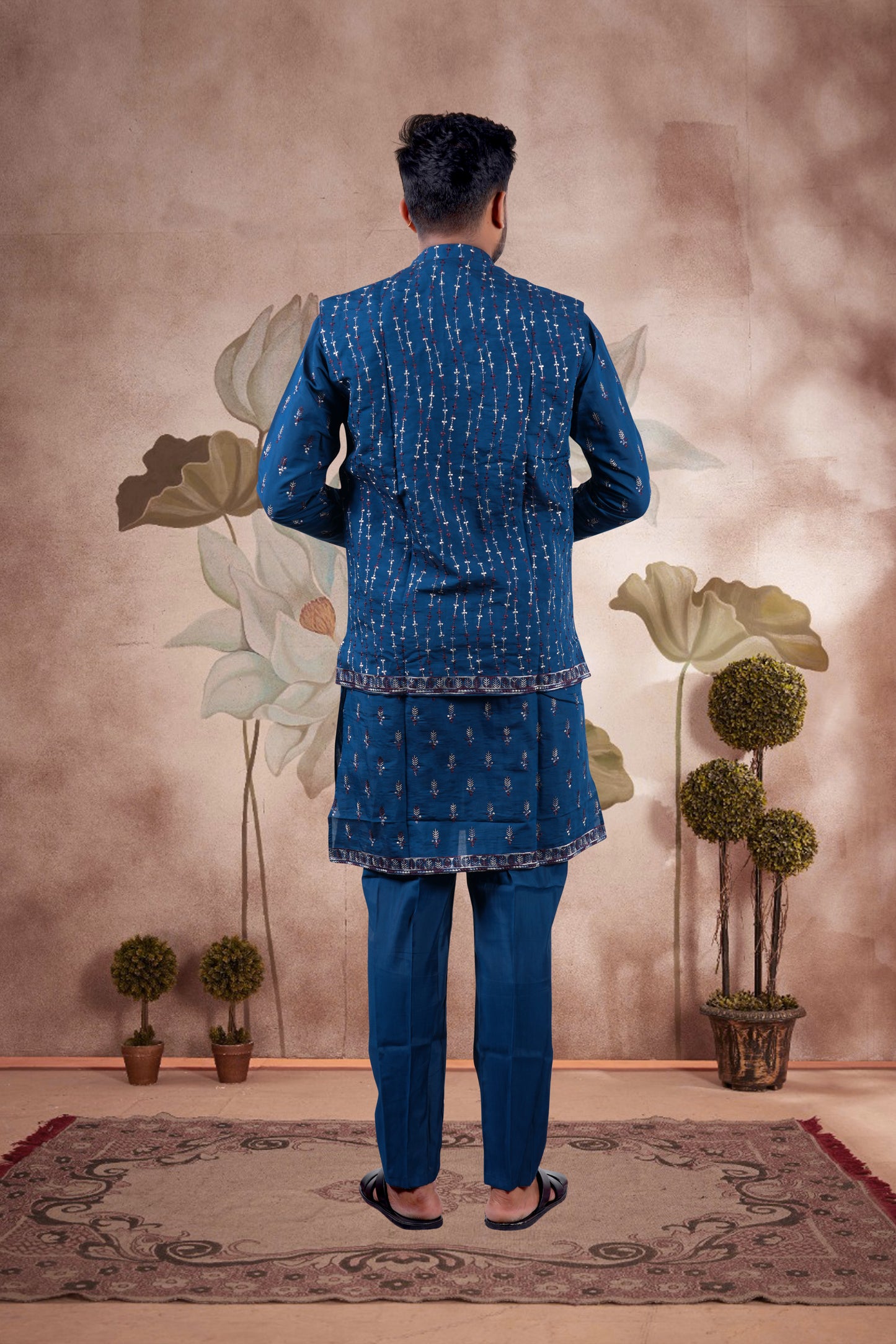 Deep Navy Blue Embroidered Kurta Set with Jacket