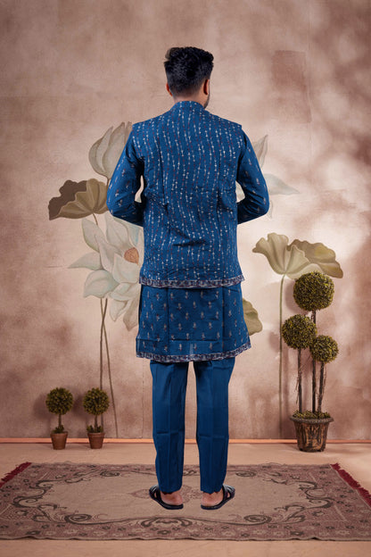 Deep Navy Blue Embroidered Kurta Set with Jacket