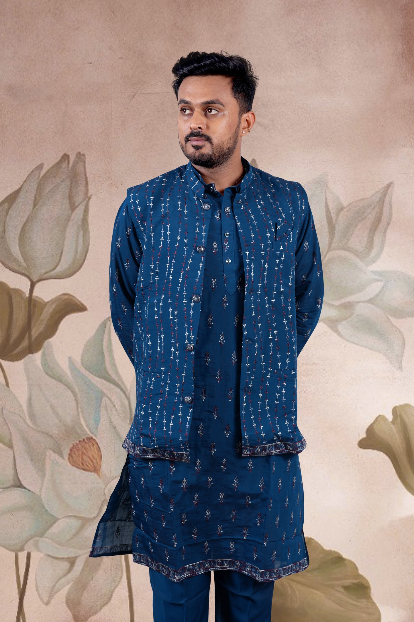 Deep Navy Blue Embroidered Kurta Set with Jacket