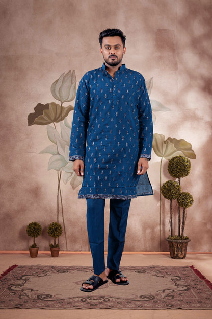 Deep Navy Blue Embroidered Kurta Set with Jacket