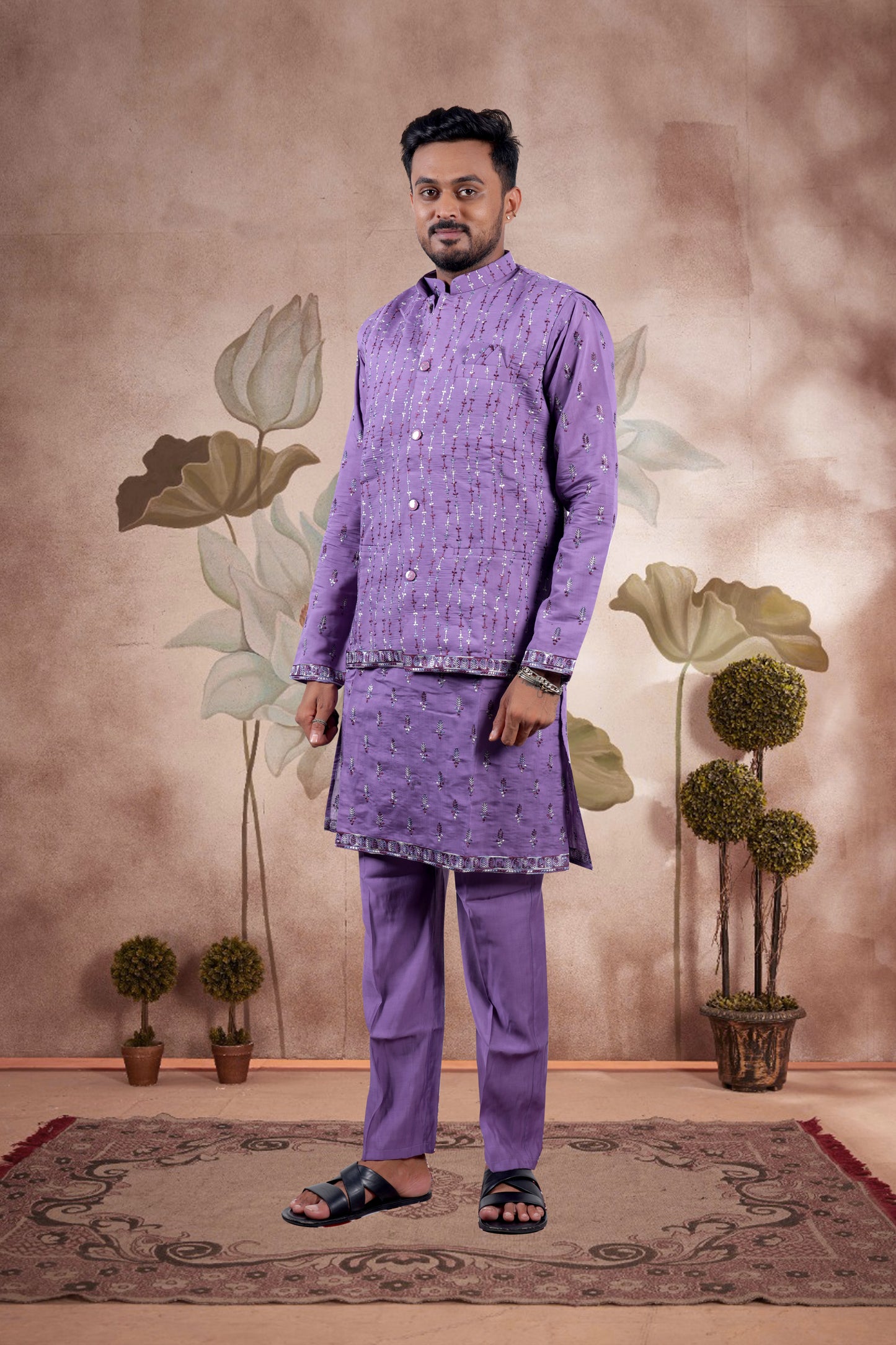 Lavender Embroidered Kurta Set with Jacket
