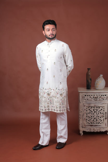 White Satin Kurta with Multicolor Embroidery