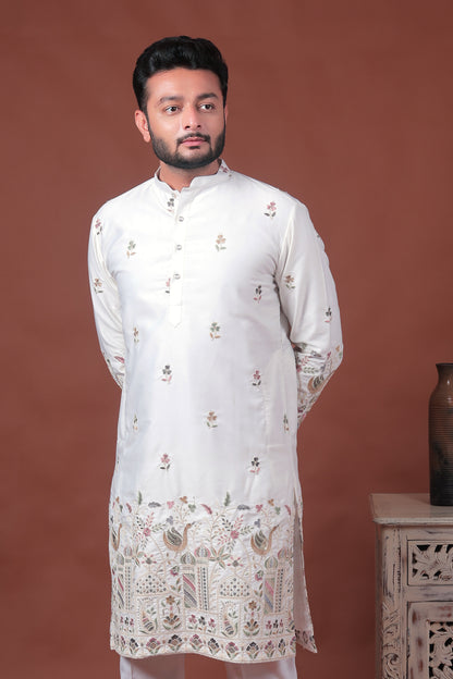 White Satin Kurta with Multicolor Embroidery