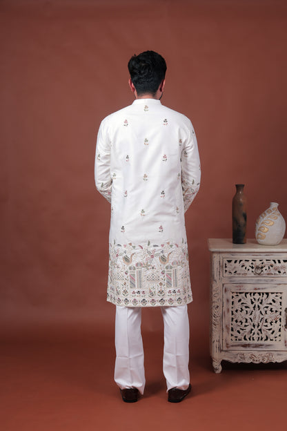 White Satin Kurta with Multicolor Embroidery