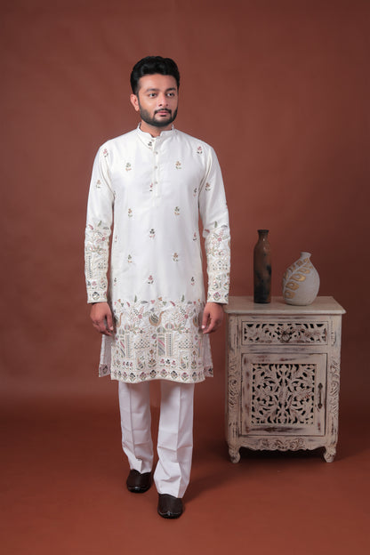 White Satin Kurta with Multicolor Embroidery