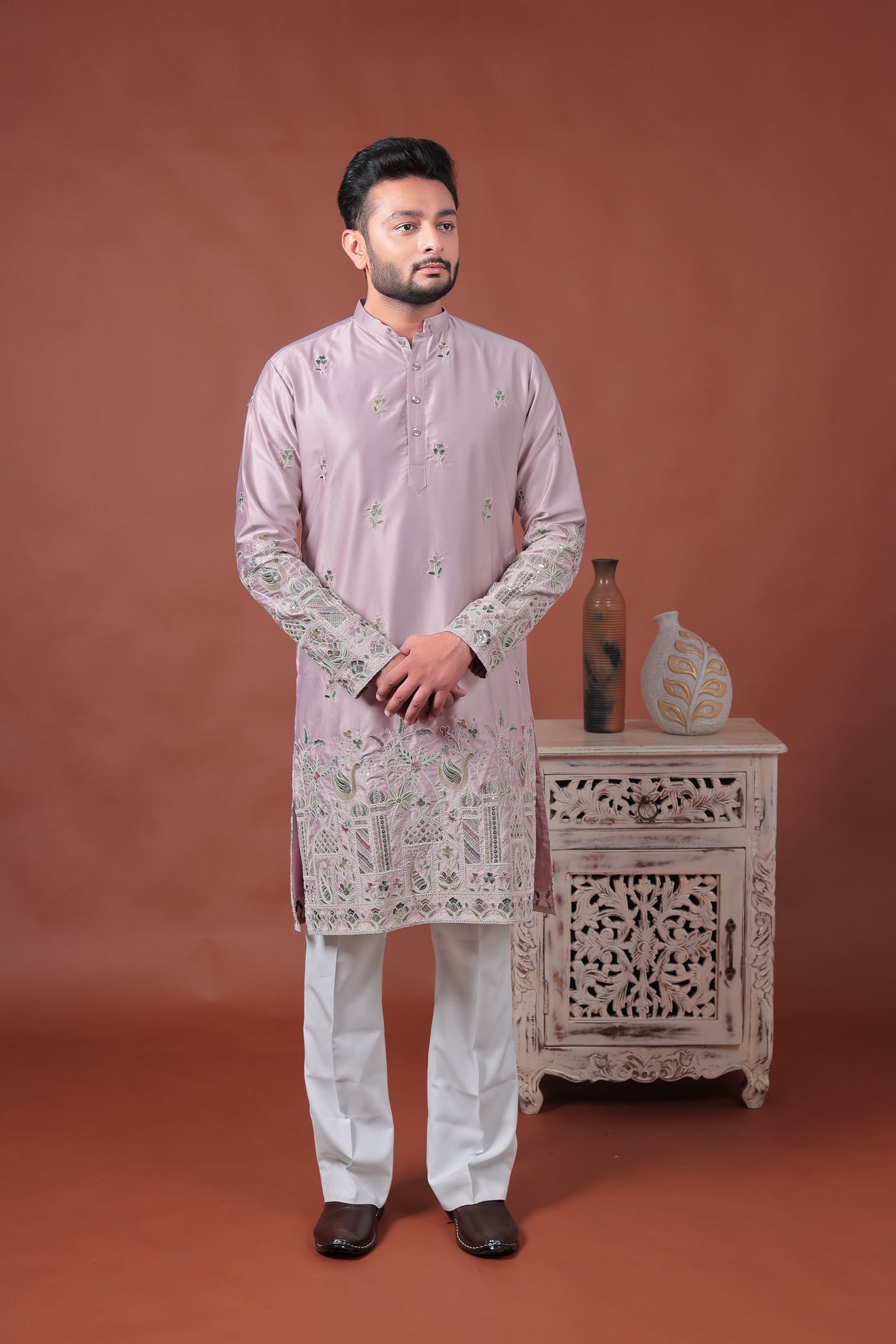 Pink Satin Kurta with Multicolor Embroidery