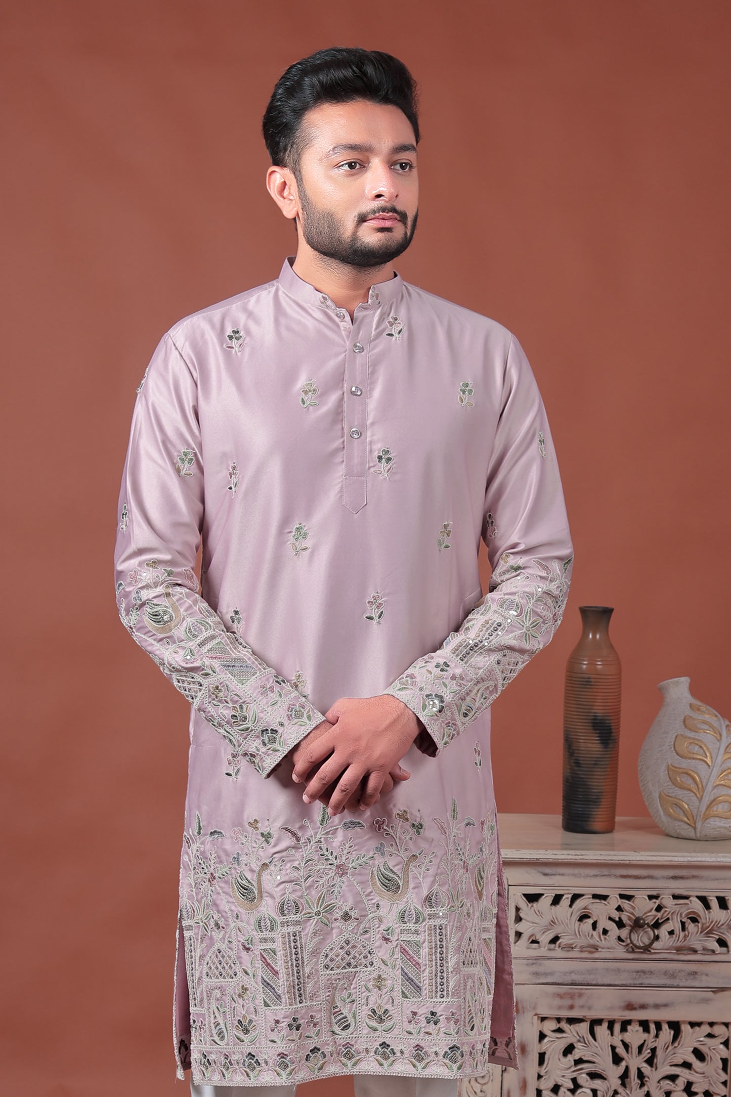 Pink Satin Kurta with Multicolor Embroidery