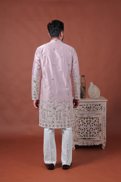 Pink Satin Kurta with Multicolor Embroidery
