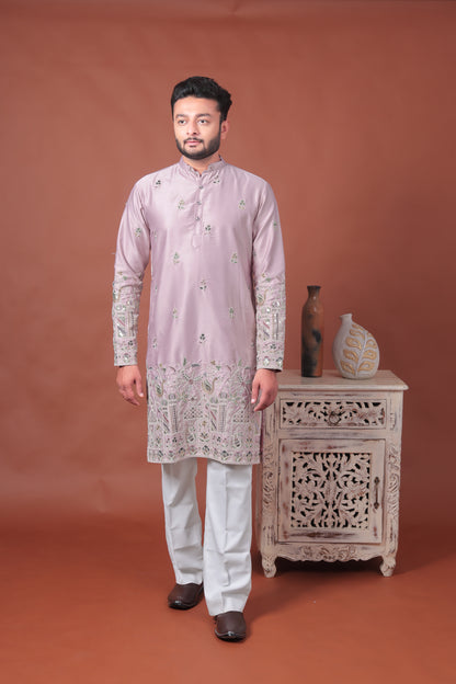 Pink Satin Kurta with Multicolor Embroidery