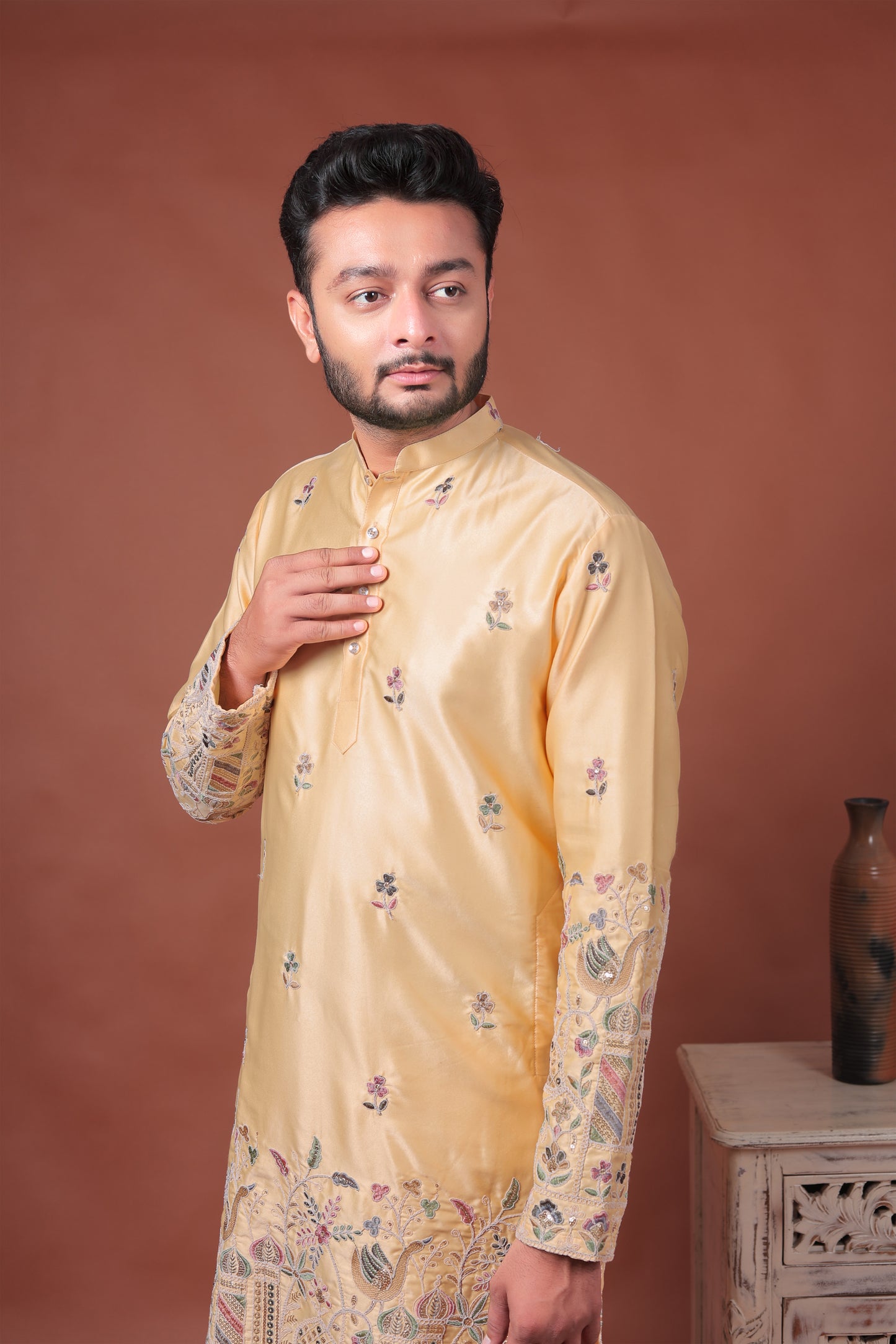 Yellow Satin Kurta with Multicolor Mughal Embroidery