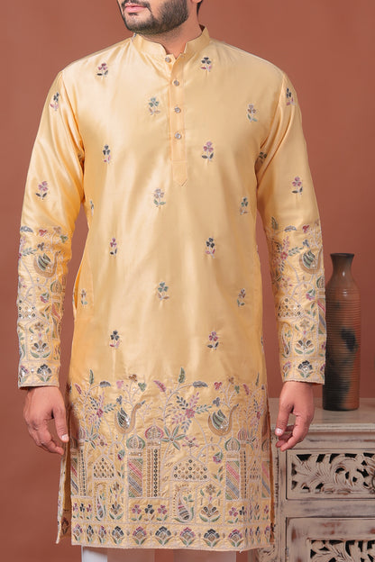 Yellow Satin Kurta with Multicolor Mughal Embroidery
