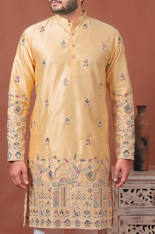 Yellow Satin Kurta with Multicolor Mughal Embroidery