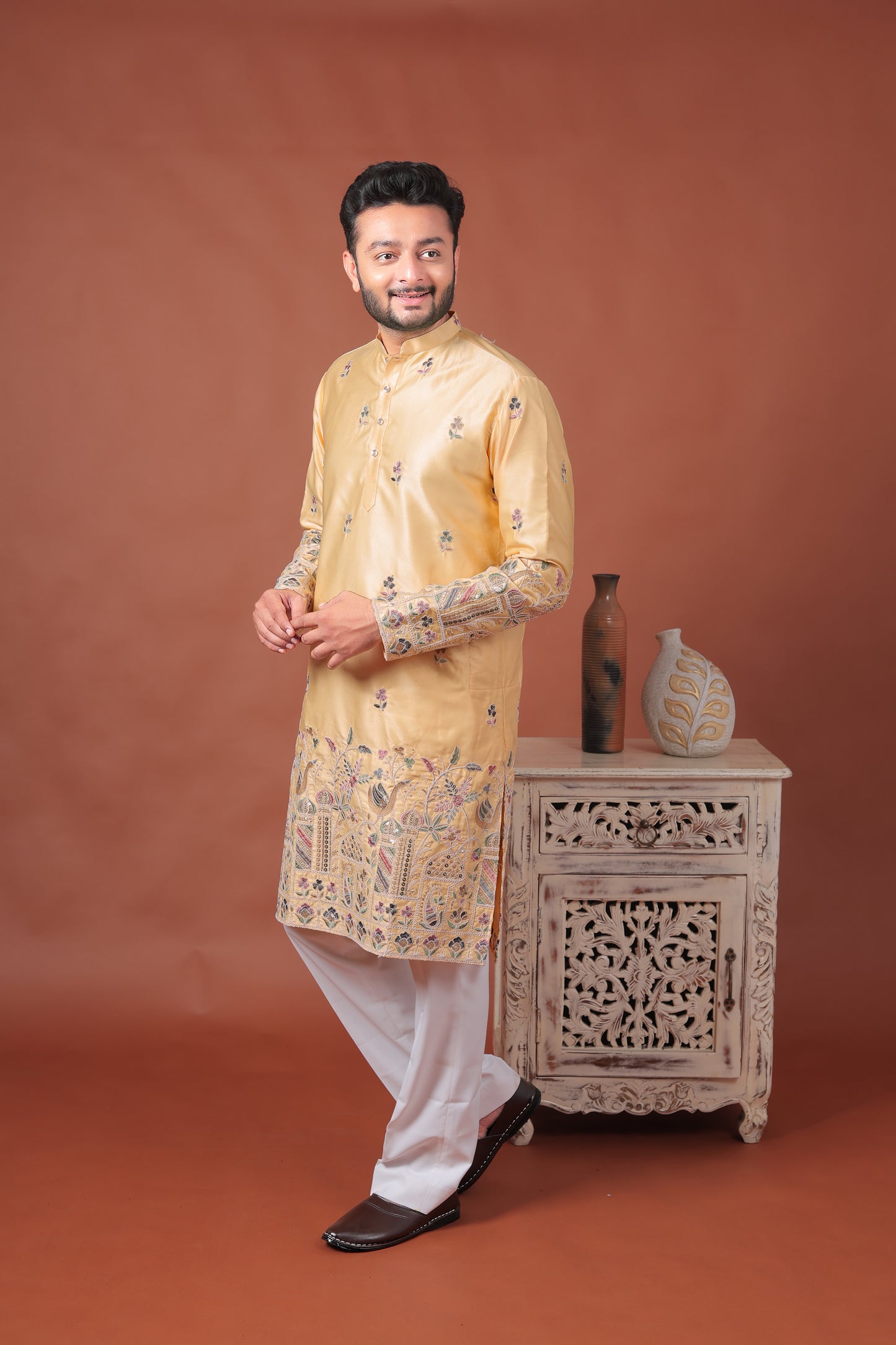 Yellow Satin Kurta with Multicolor Mughal Embroidery