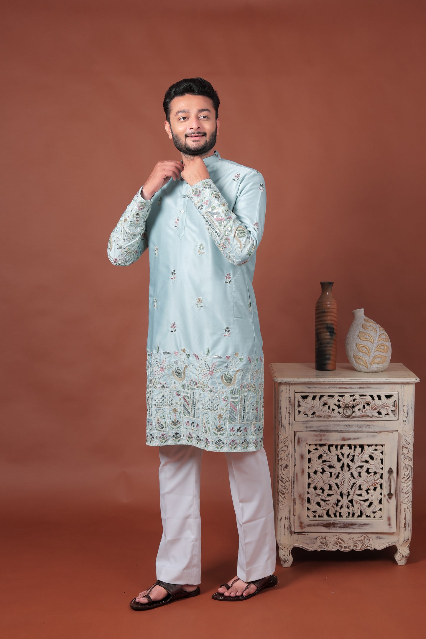 Blue Satin Kurta with Mughal-Inspired Embroidery