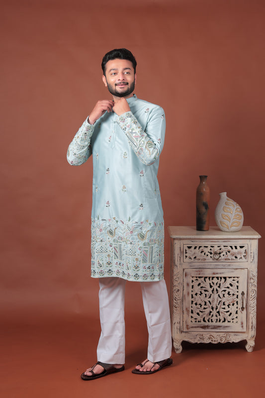 Blue Satin Kurta with Mughal-Inspired Embroidery