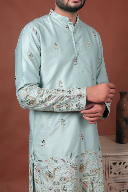 Blue Satin Kurta with Mughal-Inspired Embroidery
