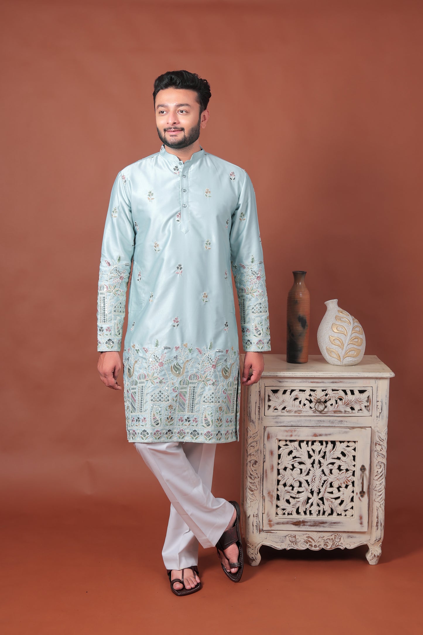 Blue Satin Kurta with Mughal-Inspired Embroidery