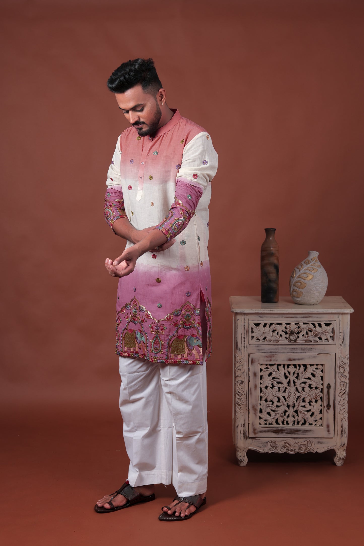 Pink Ombre Kurta with Elephant & Floral Embroidery