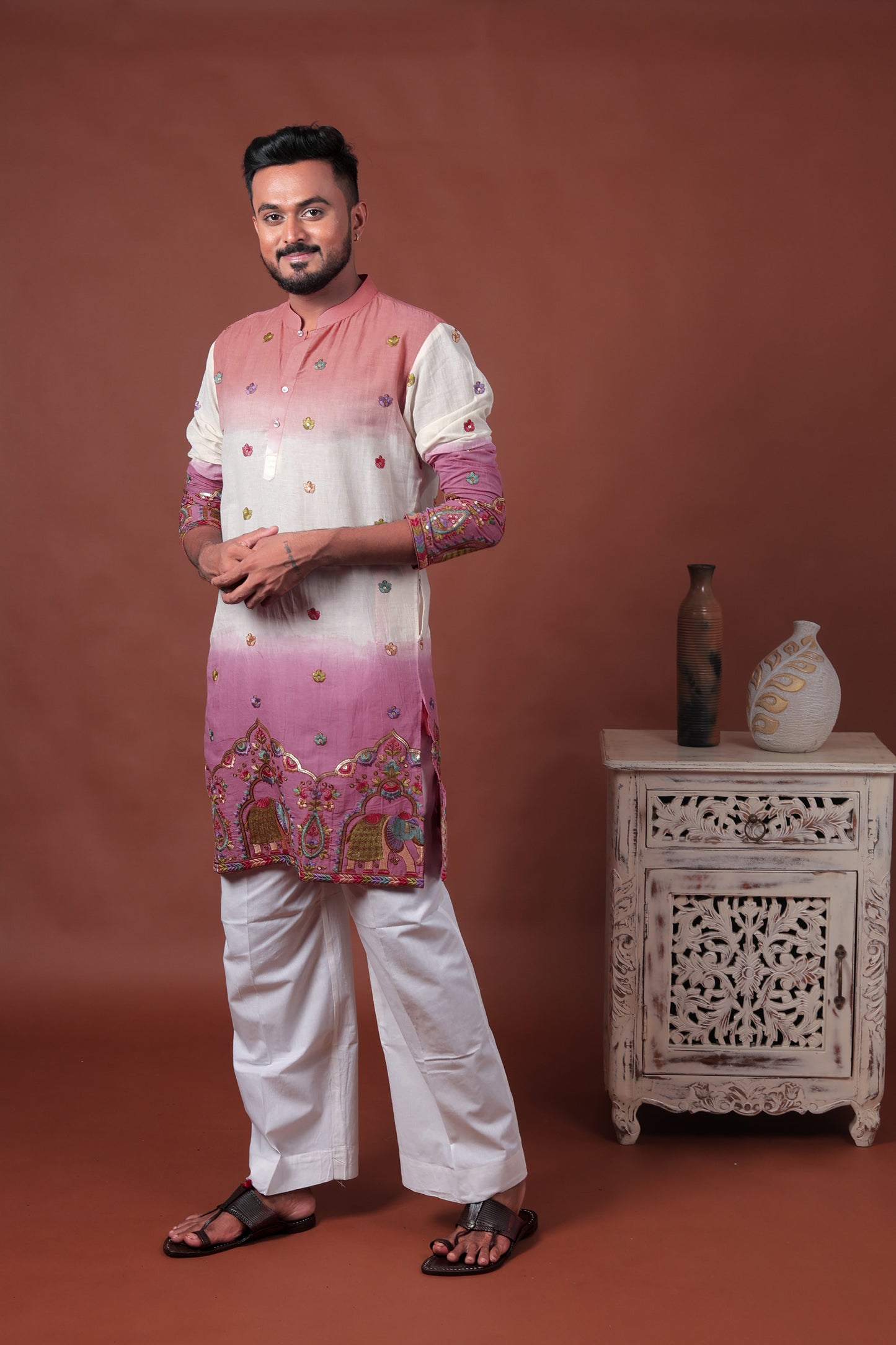 Pink Ombre Kurta with Elephant & Floral Embroidery
