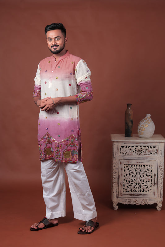 Pink Ombre Kurta with Elephant & Floral Embroidery