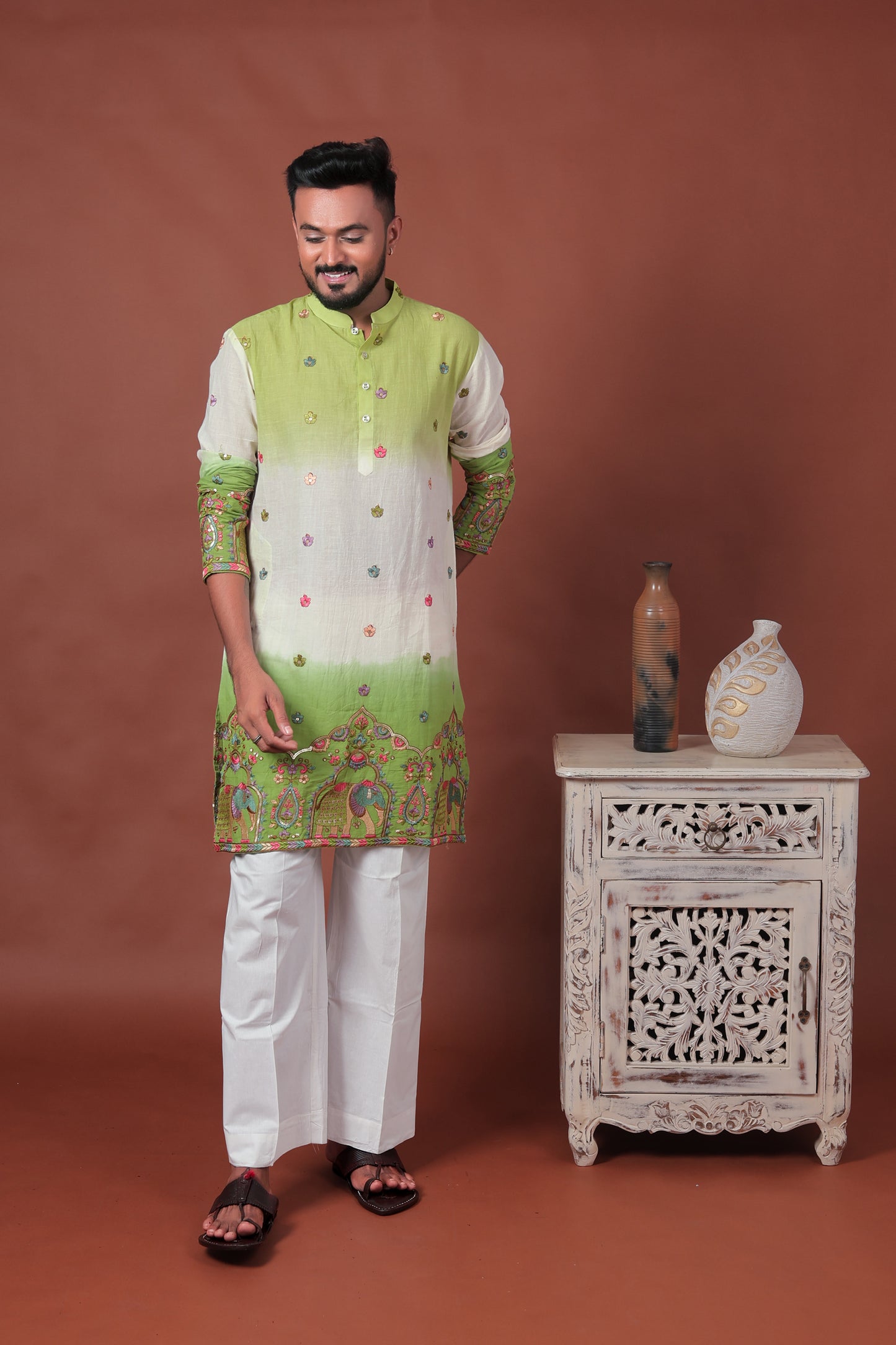 Green Ombre Kurta with Elephant & Floral Embroidery