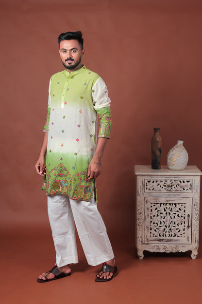 Green Ombre Kurta with Elephant & Floral Embroidery