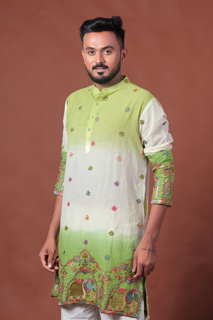 Green Ombre Kurta with Elephant & Floral Embroidery