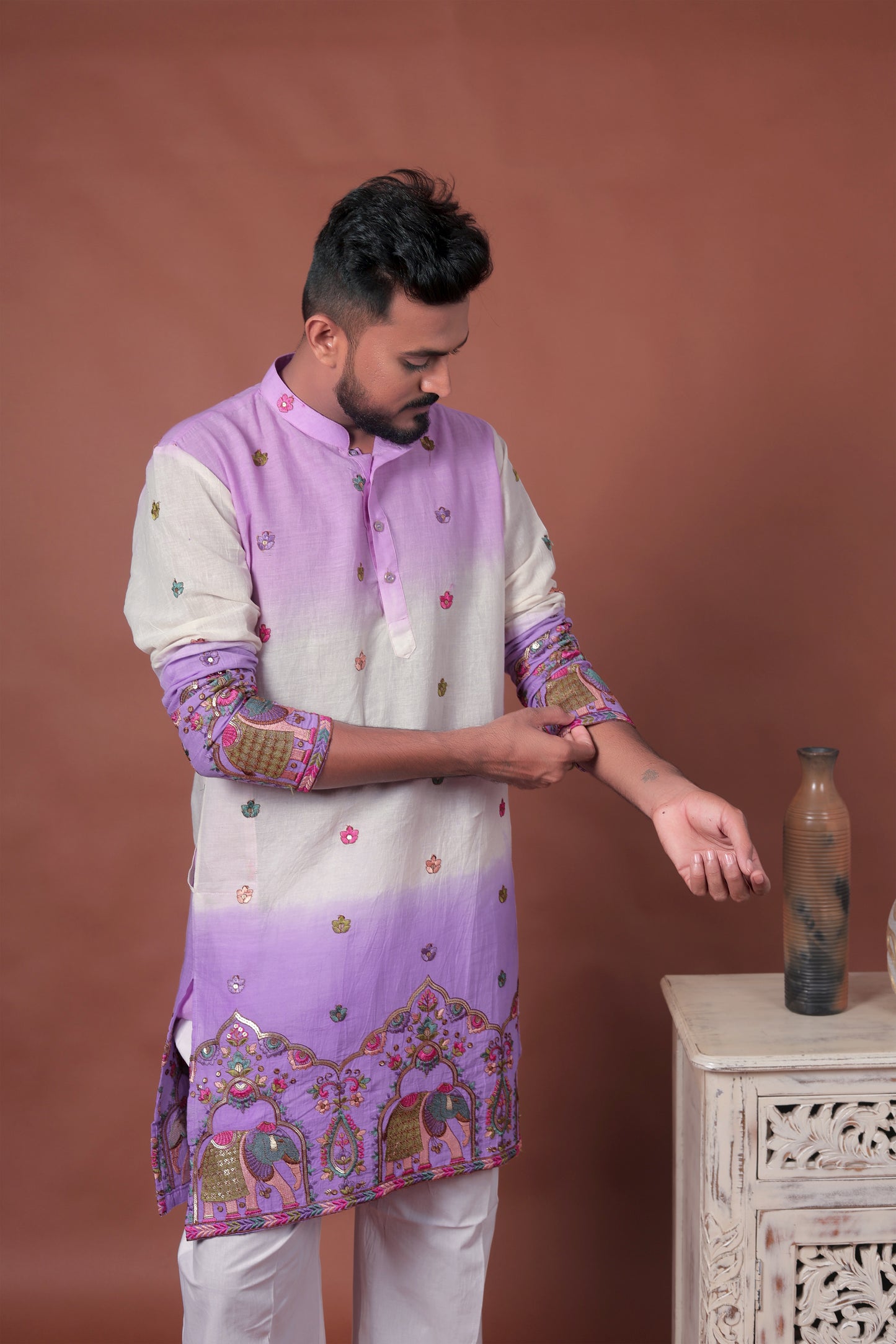 Purple Ombre Kurta with Elephant & Floral Embroidery
