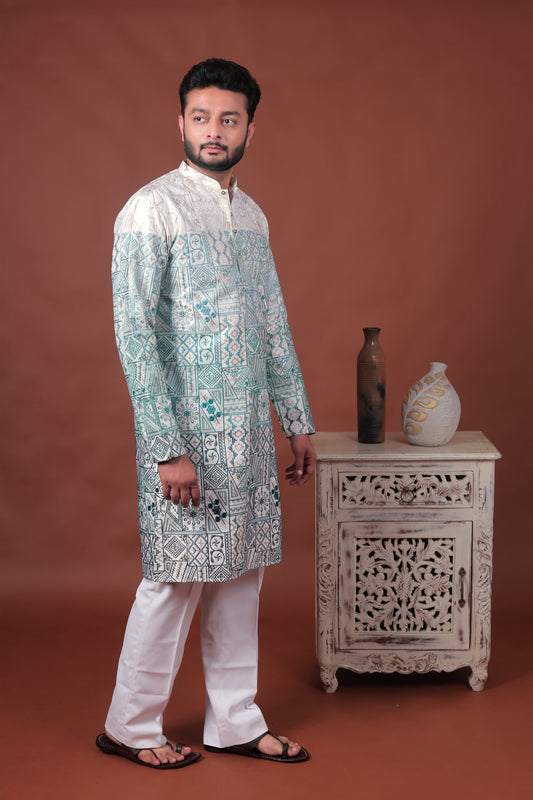 Green Patchwork-Inspired Art Silk Kurta