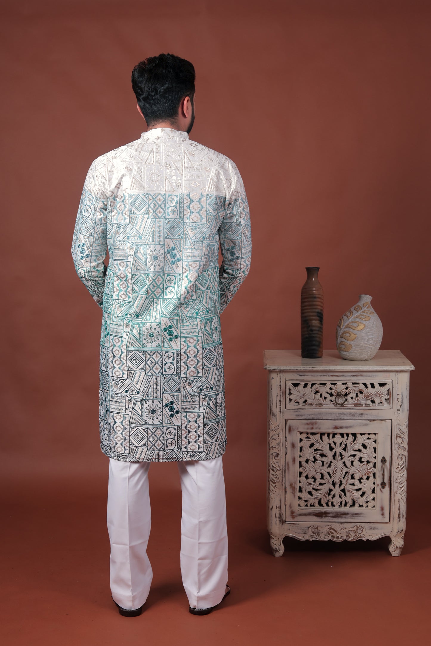 Green Patchwork-Inspired Art Silk Kurta