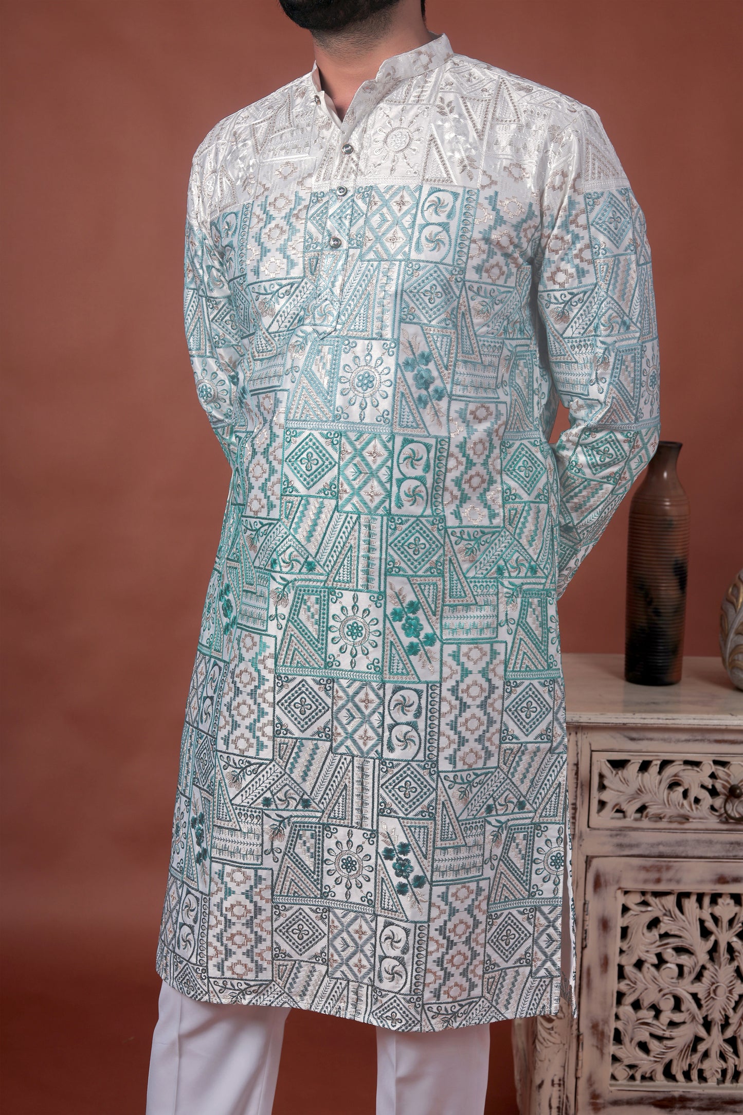Green Patchwork-Inspired Art Silk Kurta