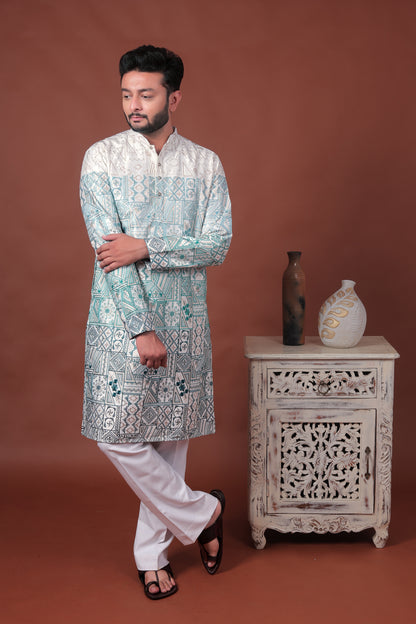 Green Patchwork-Inspired Art Silk Kurta