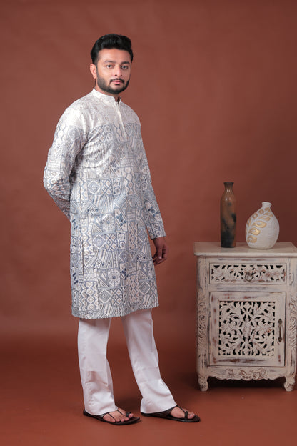 White Patchwork-Inspired Art Silk Kurta