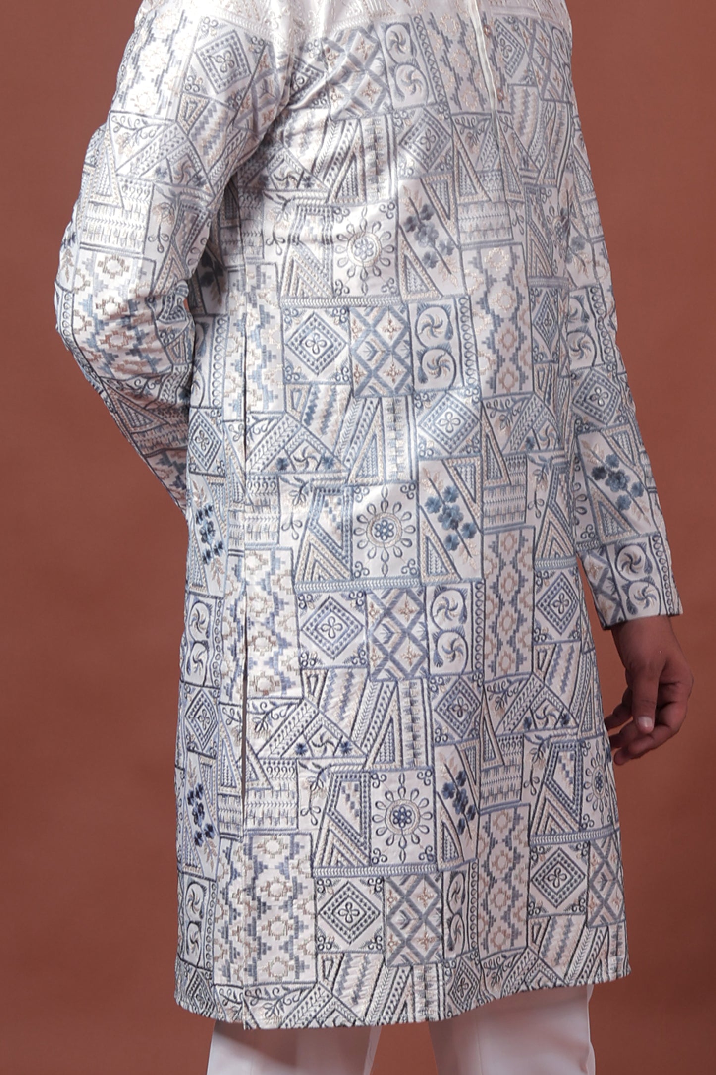 White Patchwork-Inspired Art Silk Kurta
