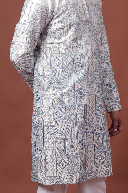 White Patchwork-Inspired Art Silk Kurta