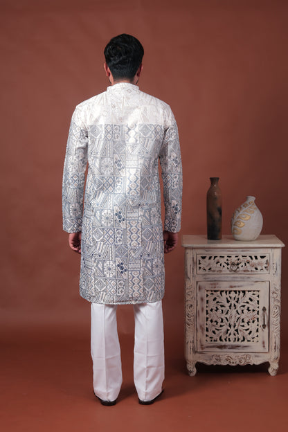 White Patchwork-Inspired Art Silk Kurta