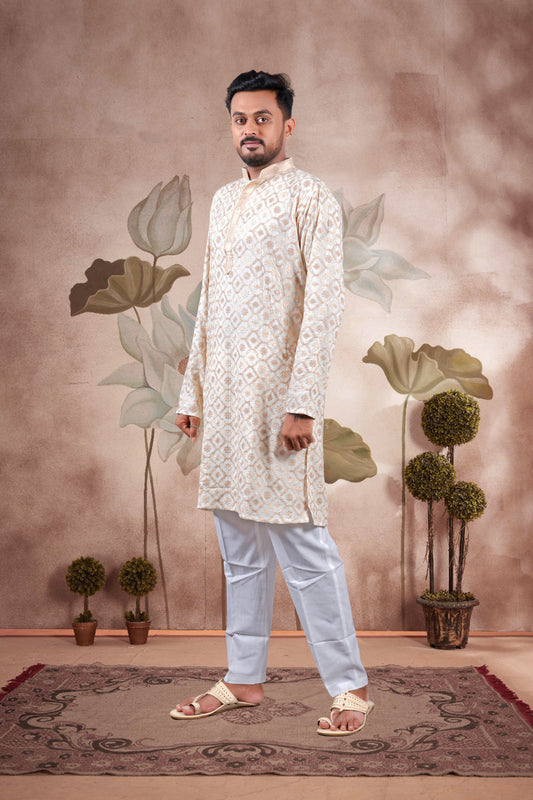 Peach Lucknowi Jacquard Kurta