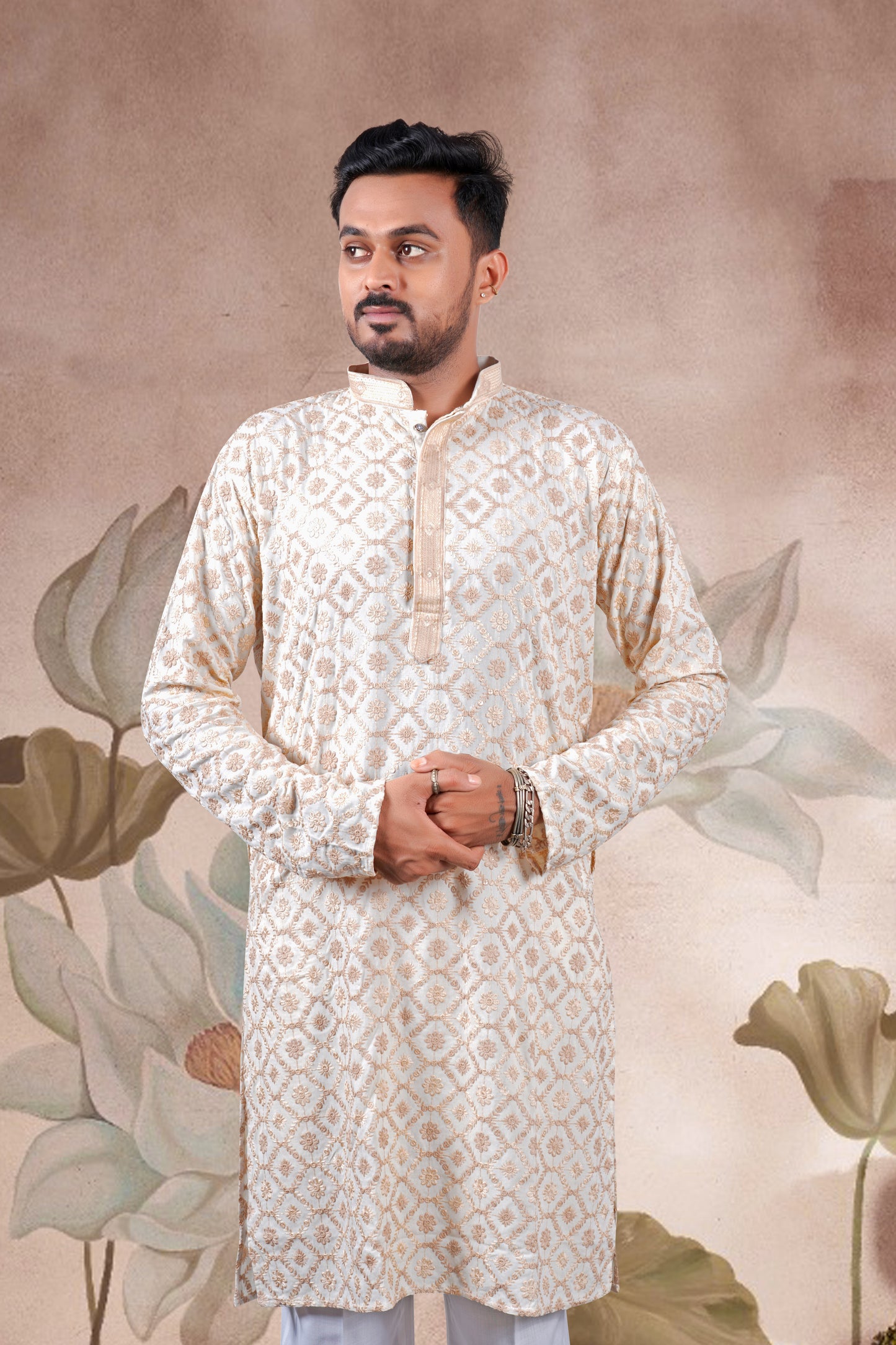 Peach Lucknowi Jacquard Kurta