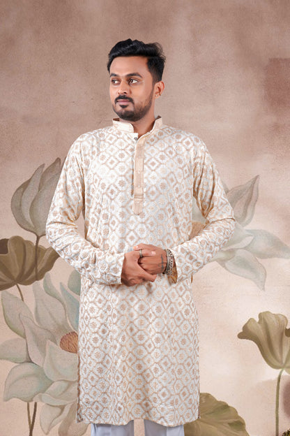 Peach Lucknowi Jacquard Kurta