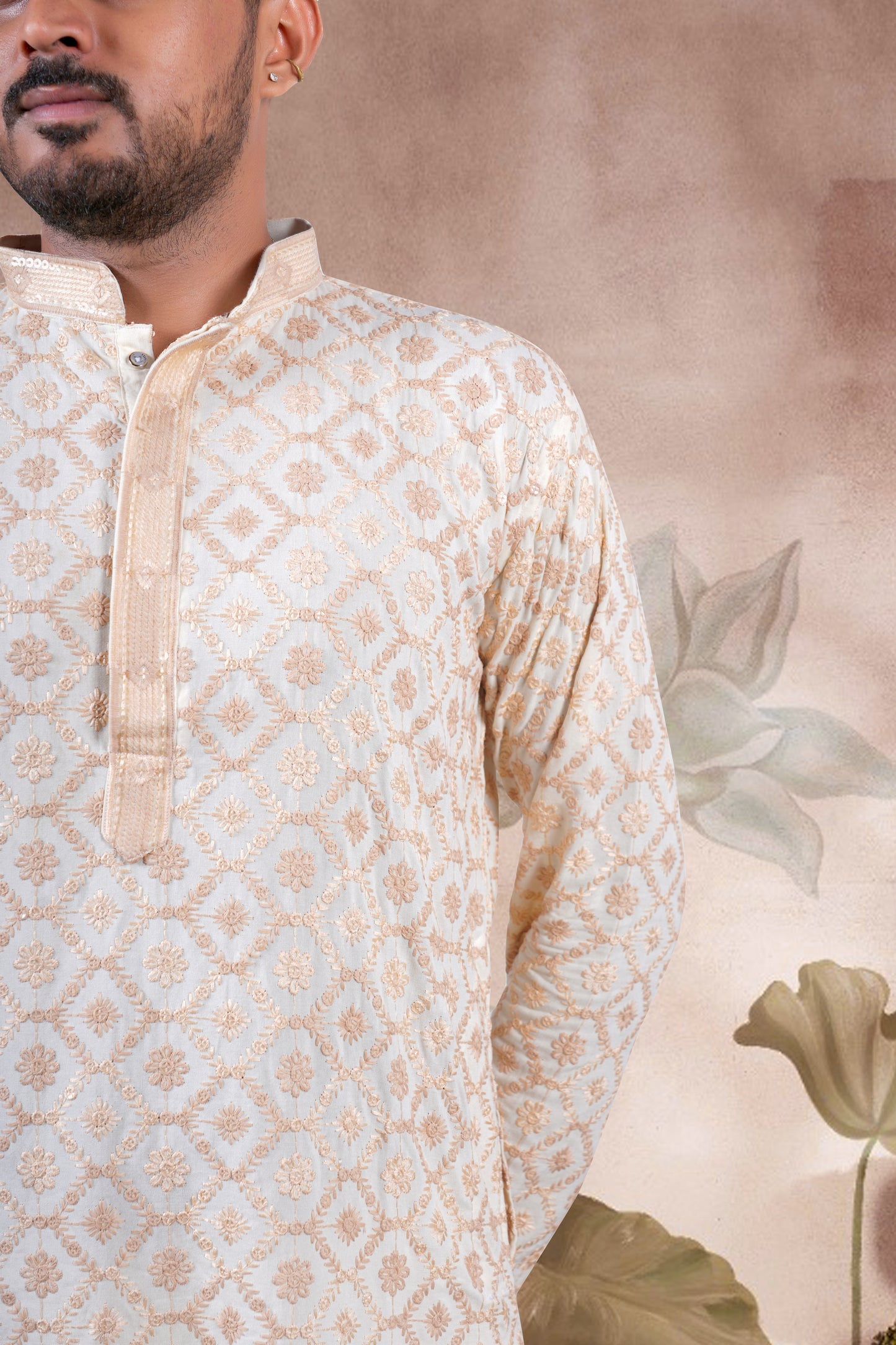 Peach Lucknowi Jacquard Kurta