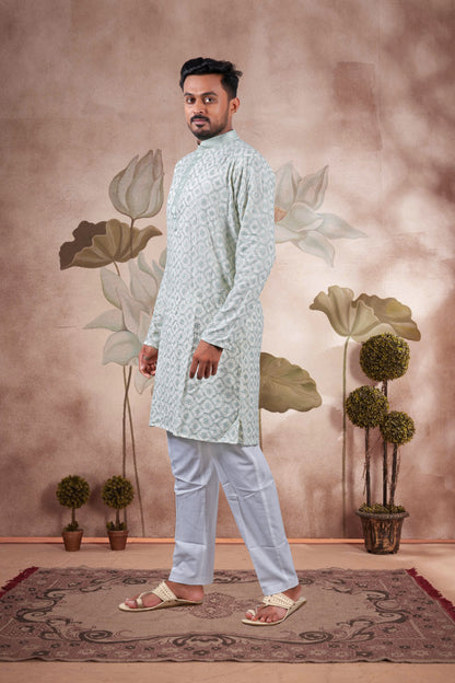 Green Lucknowi Jacquard Kurta