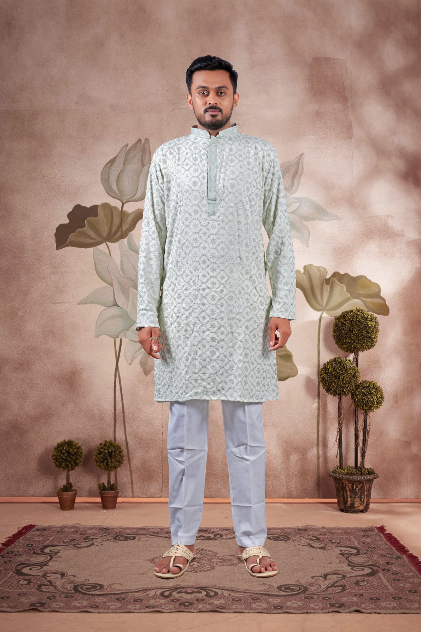 Green Lucknowi Jacquard Kurta