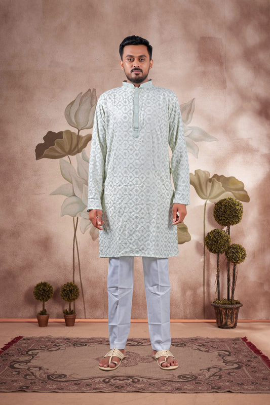 Green Lucknowi Jacquard Kurta
