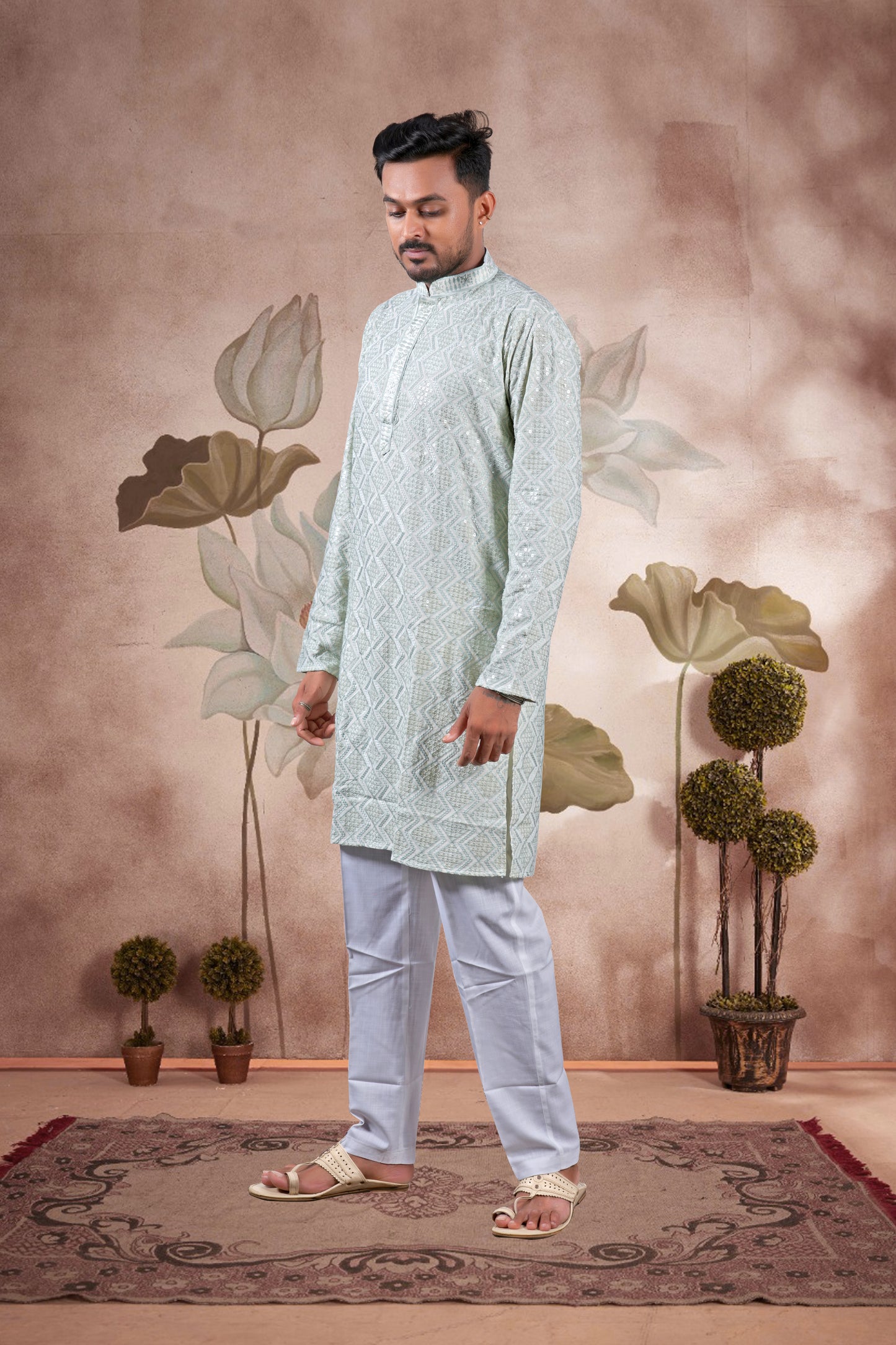 Pista Green Lucknowi Jacquard Kurta