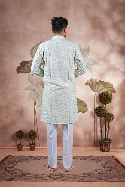 Pista Green Lucknowi Jacquard Kurta