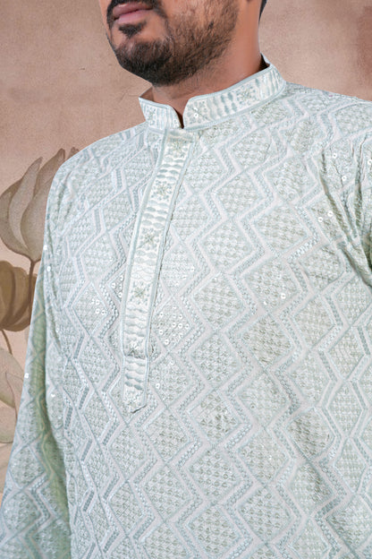 Pista Green Lucknowi Jacquard Kurta